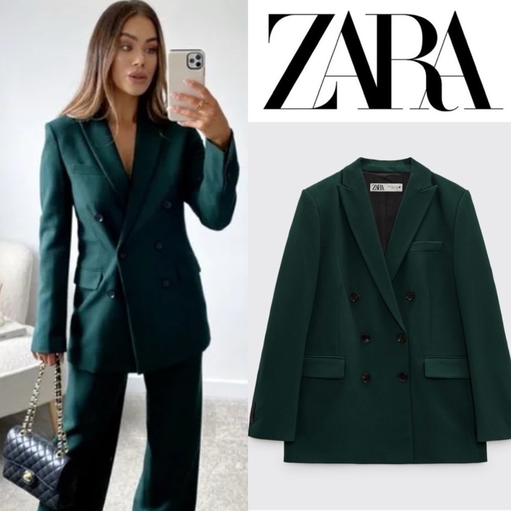 ZARA Tailored Bottle Green Double Breasted Blazer XS Dark Academia Power Jacket